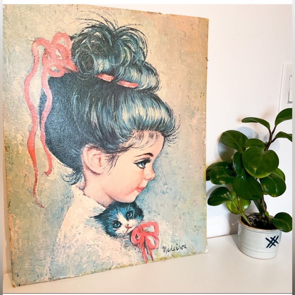 Vintage Medeiros, "Sugar Bun" Lithograph Print Little girl with kitten print MCM